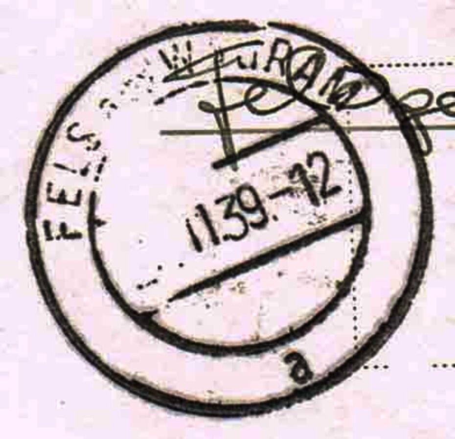 Postamt Fels, Brückenstempel "FELS am WAGRAM (Tag unleserlich) II. (19)39", mit Uhrzeitangabe "12" und Schalterbuchstabe "a". [Foto: Archiv Leuthner]