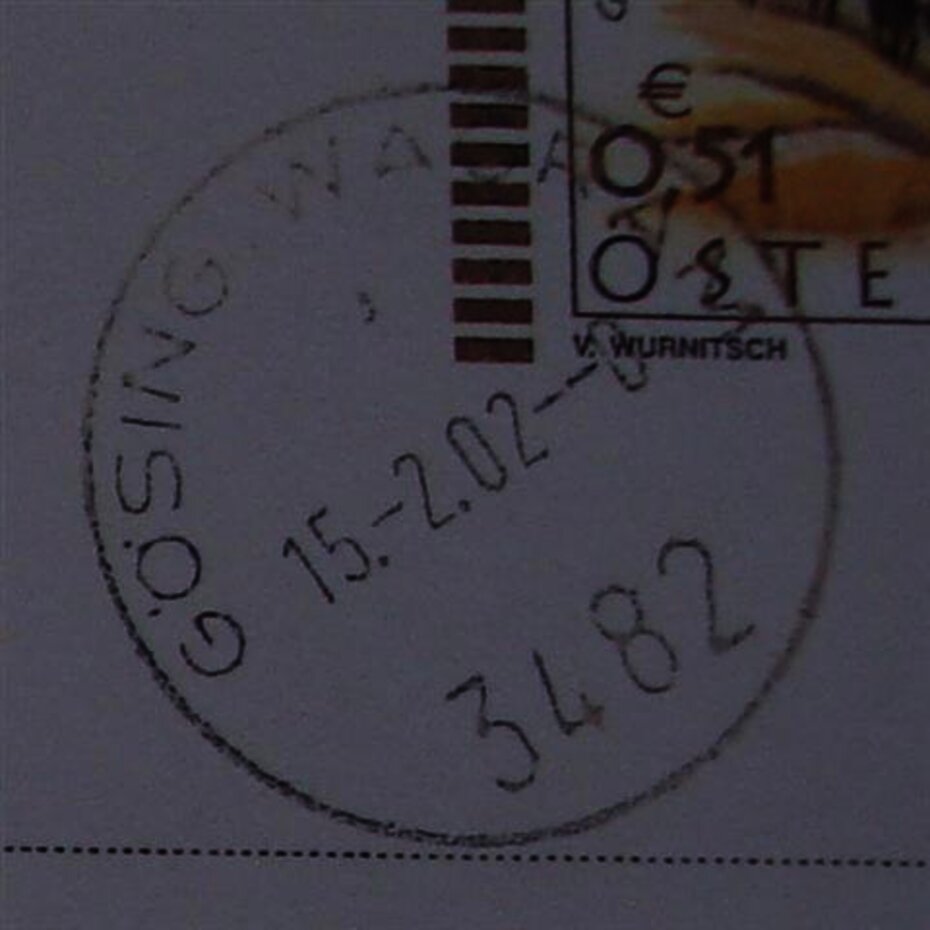 Gösing, Postamt 3482 - OT-Stempel vom 15.2.2002 als das Postamt geschlossen wurde. [Foto: Archiv Leuthner]