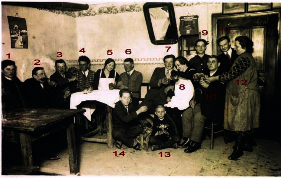 Fels, Gasthaus Rath um 1930 - von links: 1 Lager Leopold, 2 Rath Anton (Wirt), 3 Blaim Leopold, 4 Lager Franz, 5 Rath Maria (Tochter), 6 unbekannt, 7 unbekannt, 8 Rath Anna (Tochter), 9 Rath Franz (Sohn), 10 Schober Franz, 11 Hr. Schweda, 12 Fr. Rath (Wirtin), 13 Markl Leopold, 14 Rath Johann (Sohn) [Foto: Archiv Leuthner]