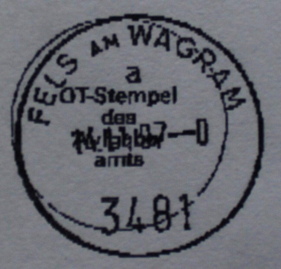 Postamt Fels, Einkreisstempel "FELS AM WAGRAM 14.11.1997" mit Postleitzahl "3481" und Schalterbuchstabe "a". [Foto: Archiv Leuthner]